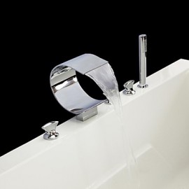 Contemporary Chrome Finish Five Holes Three Handles Waterfall Bathtub Faucet with Hand Shower